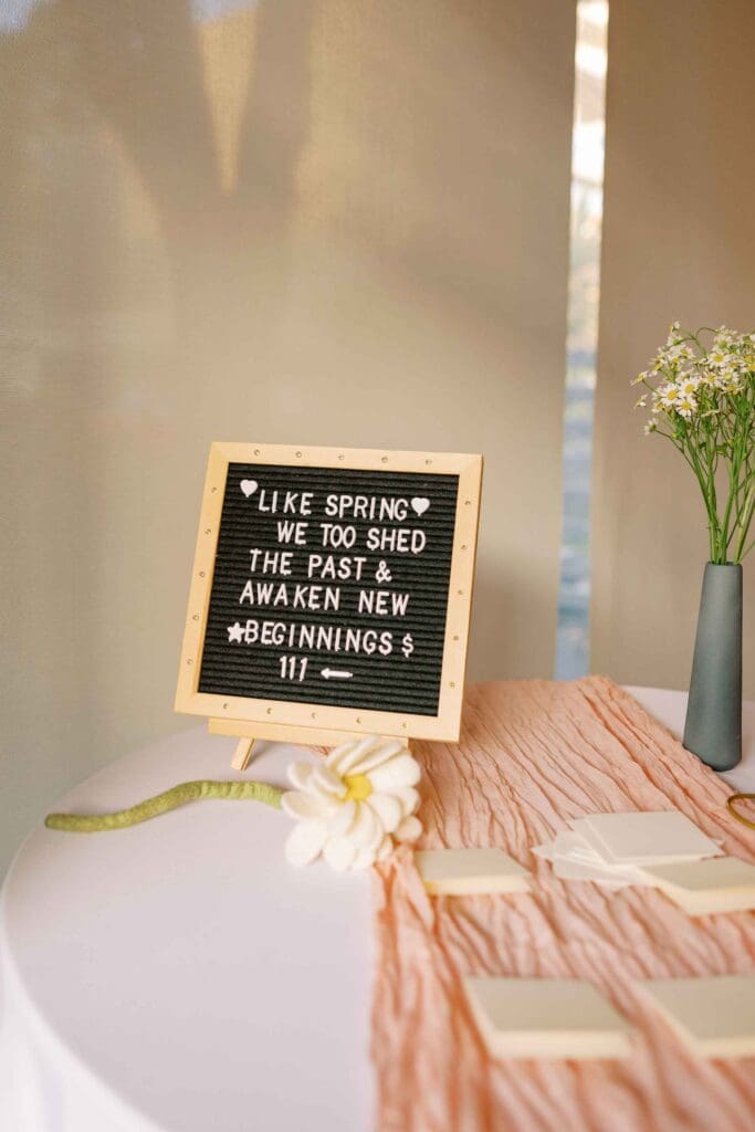 Letter board that says "like spring, we too shed the past and awaken new beginnings"